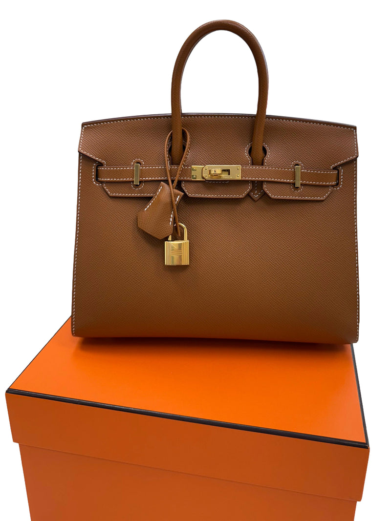 Hermes Birkin Sellier 25 Gold Epsom Leather Rolled Handles Gold Hardware Handbag