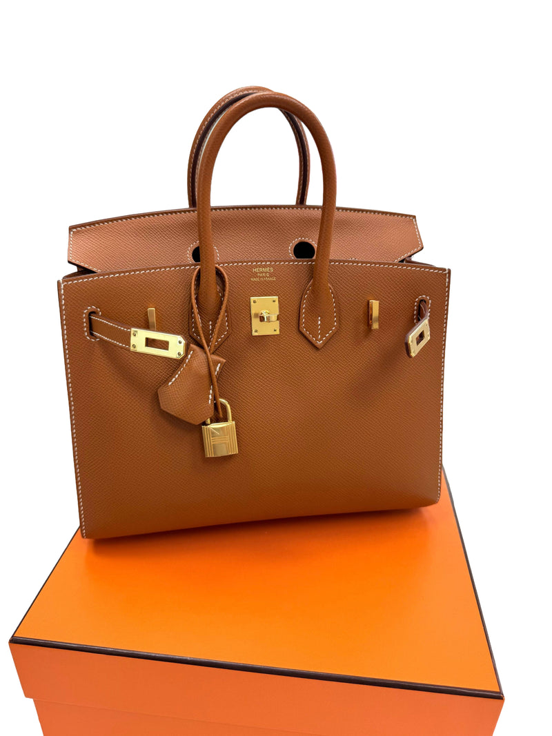 Hermes Birkin Sellier 25 Gold Epsom Leather Rolled Handles Gold Hardware Handbag