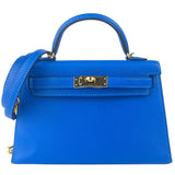 Hermes Mini Kelly 20 Blue Hydra Chèvre Leather Gold Hardware Handbag