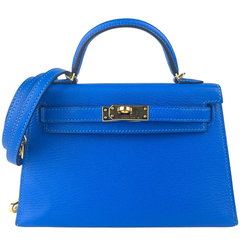 Hermes Mini Kelly 20 Blue Hydra Chèvre Leather Gold Hardware Handbag