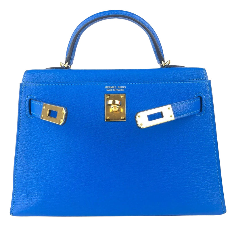 Hermes Mini Kelly 20 Blue Hydra Chèvre Leather Gold Hardware Handbag