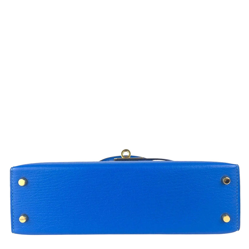 Hermes Mini Kelly 20 Blue Hydra Chèvre Leather Gold Hardware Handbag