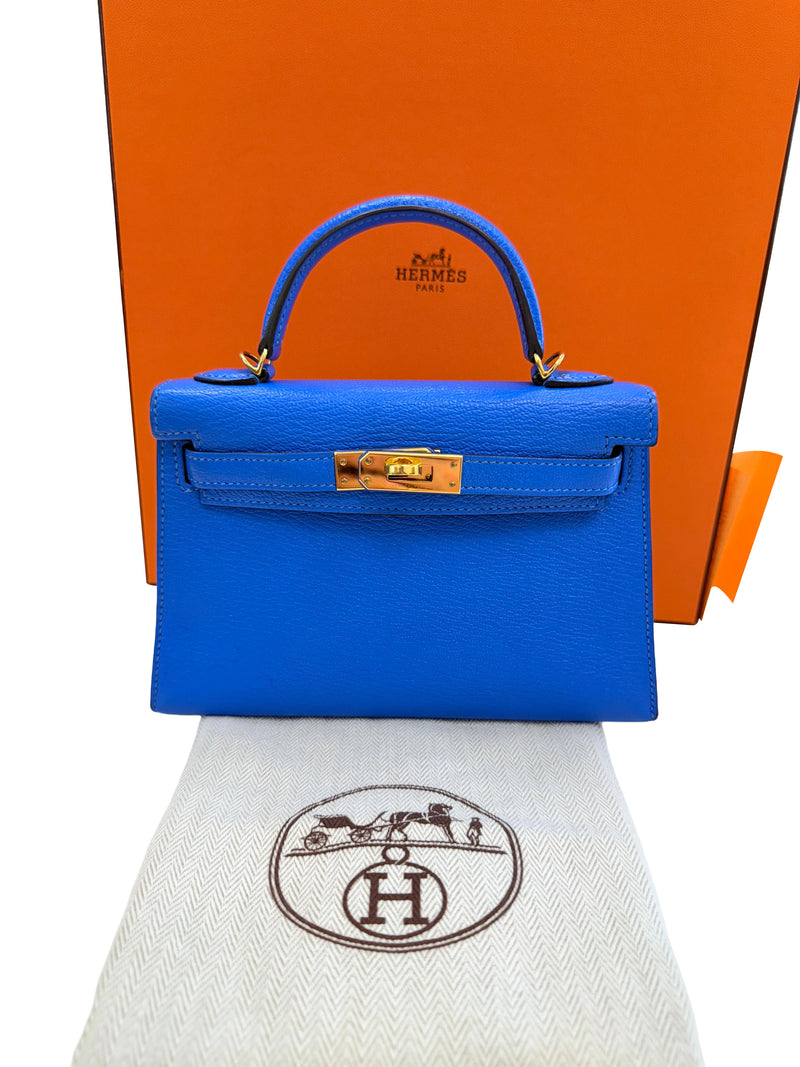 Hermes Mini Kelly 20 Blue Hydra Chèvre Leather Gold Hardware Handbag