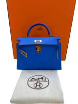Hermes Mini Kelly 20 Blue Hydra Chèvre Leather Gold Hardware Handbag