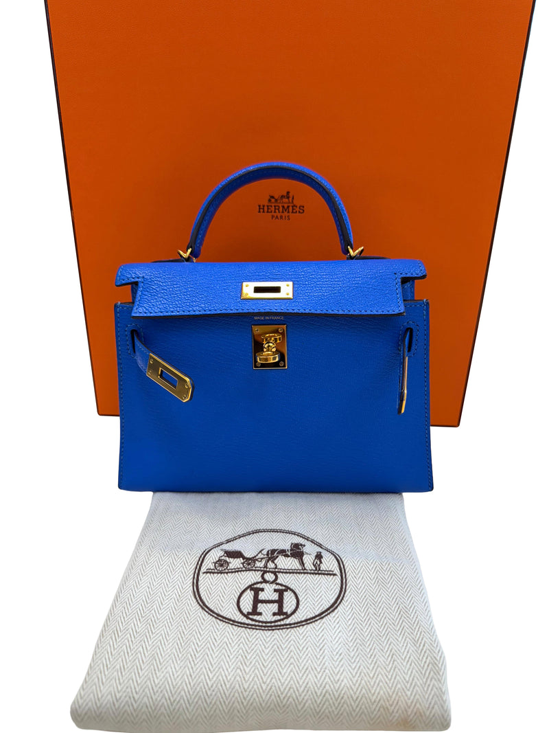 Hermes Mini Kelly 20 Blue Hydra Chèvre Leather Gold Hardware Handbag