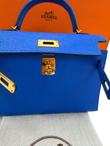 Hermes Mini Kelly 20 Blue Hydra Chèvre Leather Gold Hardware Handbag