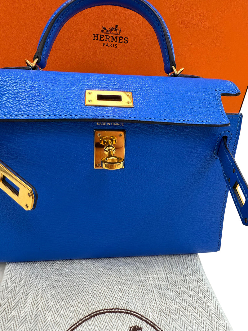 Hermes Mini Kelly 20 Blue Hydra Chèvre Leather Gold Hardware Handbag
