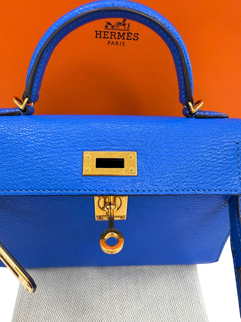 Hermes Mini Kelly 20 Blue Hydra Chèvre Leather Gold Hardware Handbag