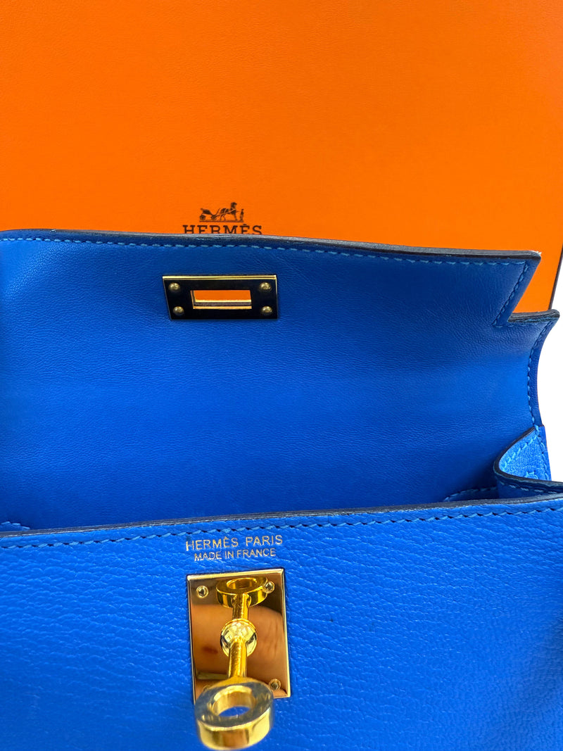 Hermes Mini Kelly 20 Blue Hydra Chèvre Leather Gold Hardware Handbag
