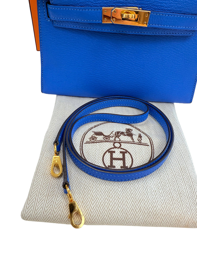 Hermes Mini Kelly 20 Blue Hydra Chèvre Leather Gold Hardware Handbag