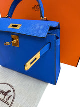 Hermes Mini Kelly 20 Blue Hydra Chèvre Leather Gold Hardware Handbag
