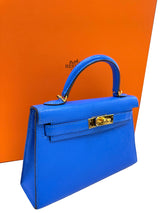 Hermes Mini Kelly 20 Blue Hydra Chèvre Leather Gold Hardware Handbag