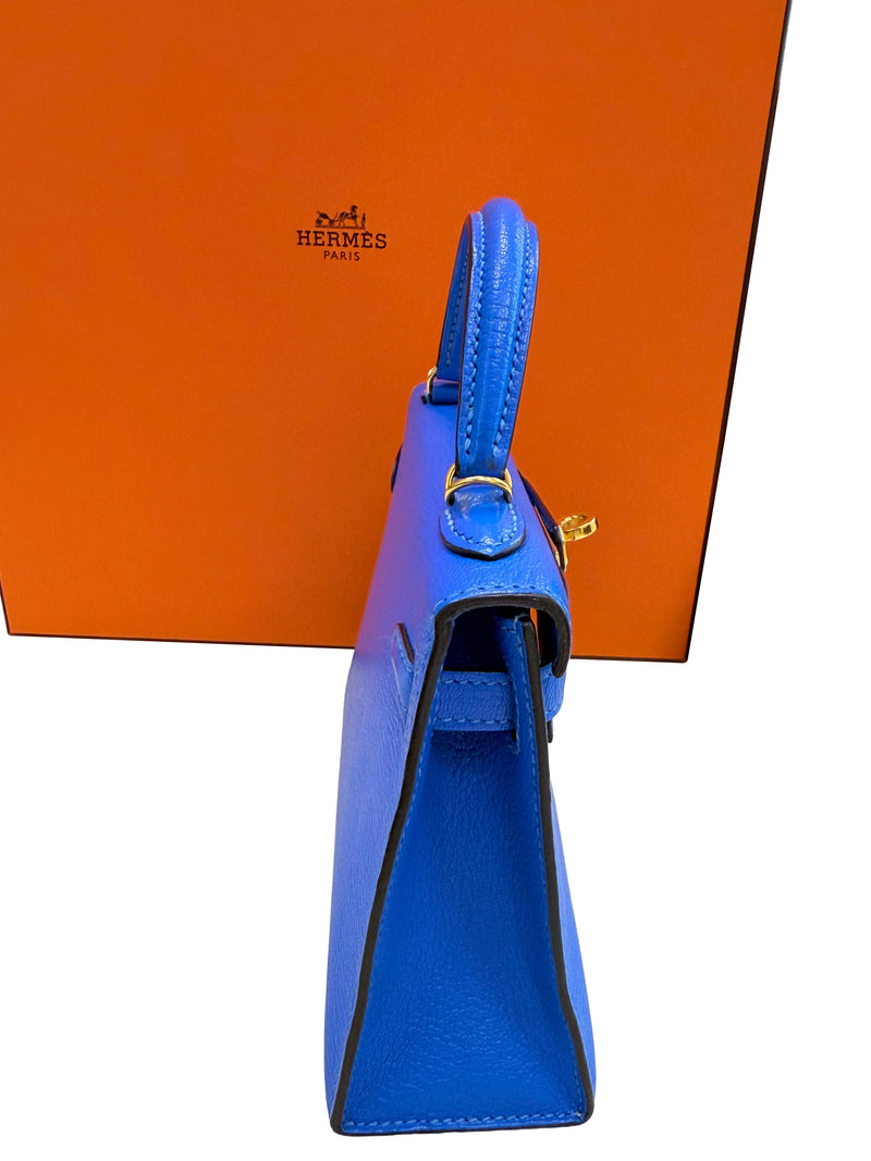 Hermes Mini Kelly 20 Blue Hydra Chèvre Leather Gold Hardware Handbag