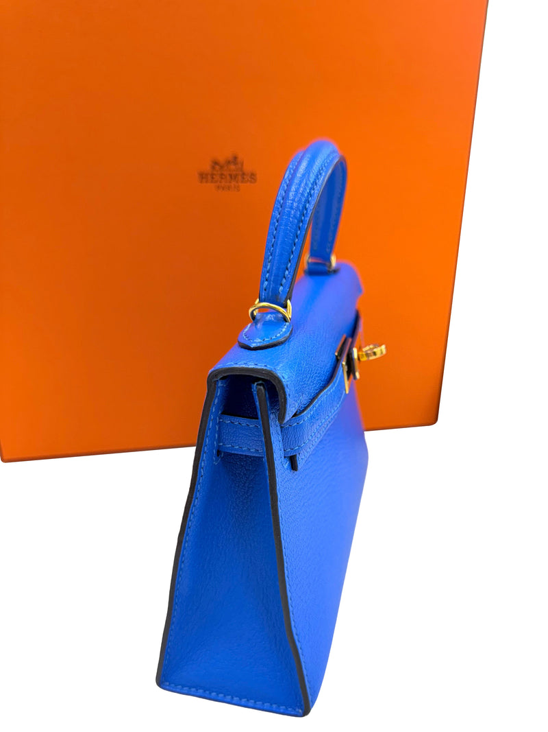 Hermes Mini Kelly 20 Blue Hydra Chèvre Leather Gold Hardware Handbag