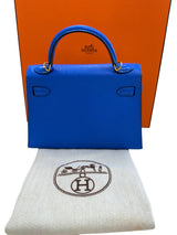 Hermes Mini Kelly 20 Blue Hydra Chèvre Leather Gold Hardware Handbag