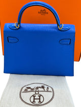 Hermes Mini Kelly 20 Blue Hydra Chèvre Leather Gold Hardware Handbag