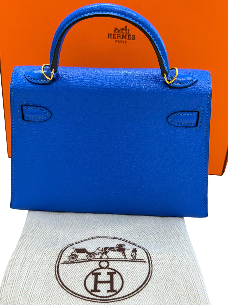 Hermes Mini Kelly 20 Blue Hydra Chèvre Leather Gold Hardware Handbag