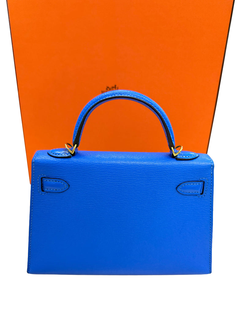 Hermes Mini Kelly 20 Blue Hydra Chèvre Leather Gold Hardware Handbag