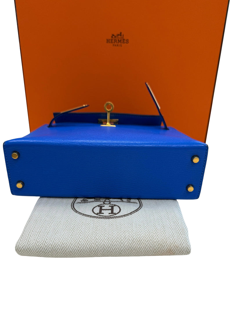 Hermes Mini Kelly 20 Blue Hydra Chèvre Leather Gold Hardware Handbag