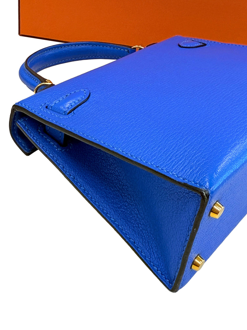 Hermes Mini Kelly 20 Blue Hydra Chèvre Leather Gold Hardware Handbag