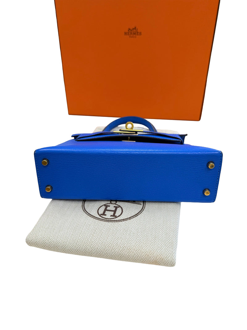 Hermes Mini Kelly 20 Blue Hydra Chèvre Leather Gold Hardware Handbag