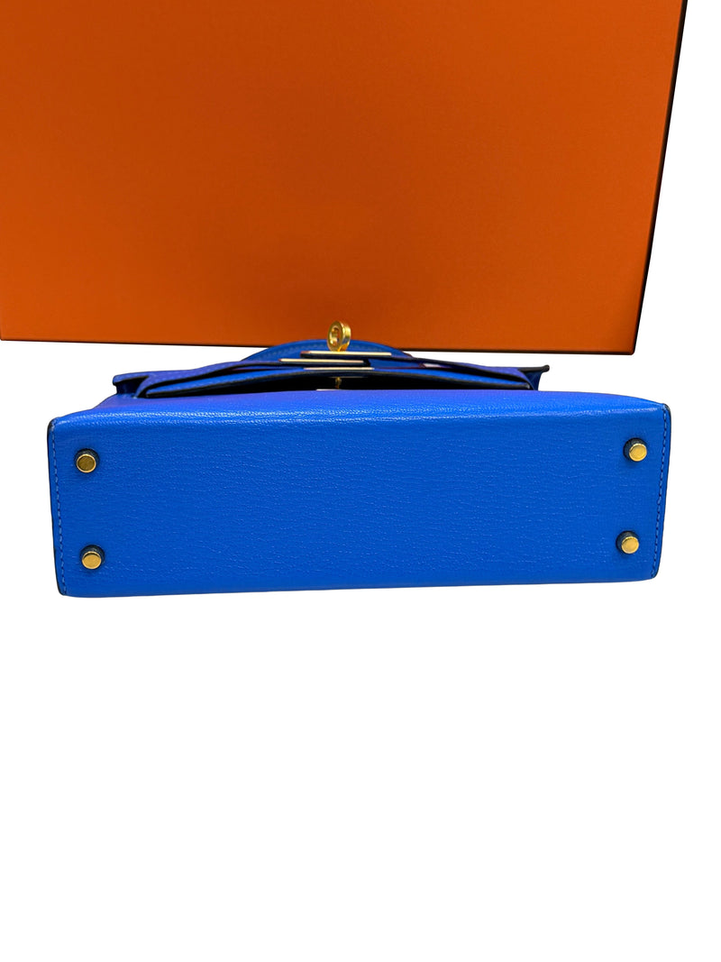 Hermes Mini Kelly 20 Blue Hydra Chèvre Leather Gold Hardware Handbag