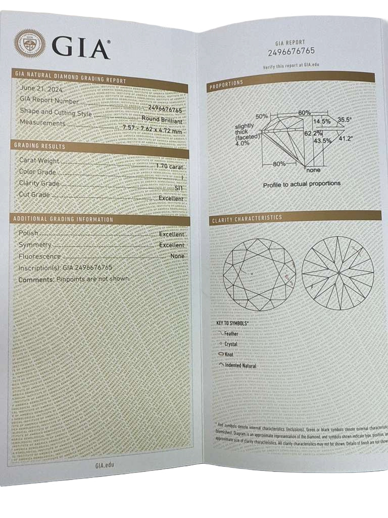 GIA Certified 1.70 Carat Round Brilliant Diamond Engagement Ring 14K White Gold