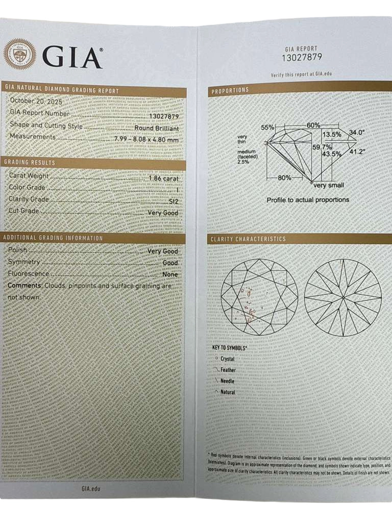 GIA Certified 1.86ct Round Brilliant Diamond Tiffany Style Ring 14K White Gold