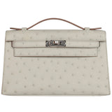 Hermes Kelly Pochette Gris Perle Ostrich With Palladium Hardware Handbag