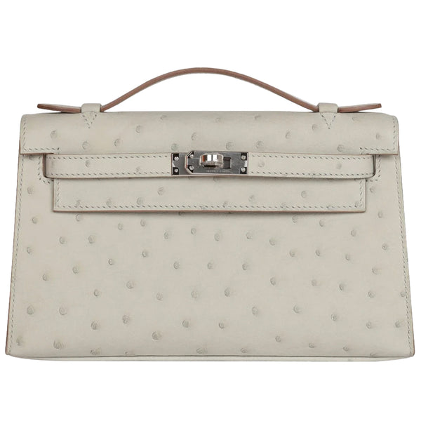 Hermes Kelly Pochette Gris Perle Ostrich With Palladium Hardware Handbag