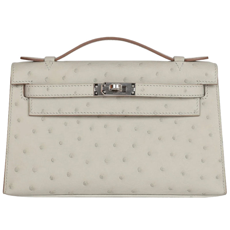 Hermes Kelly Pochette Gris Perle Ostrich With Palladium Hardware Handbag