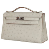 Hermes Kelly Pochette Gris Perle Ostrich With Palladium Hardware Handbag