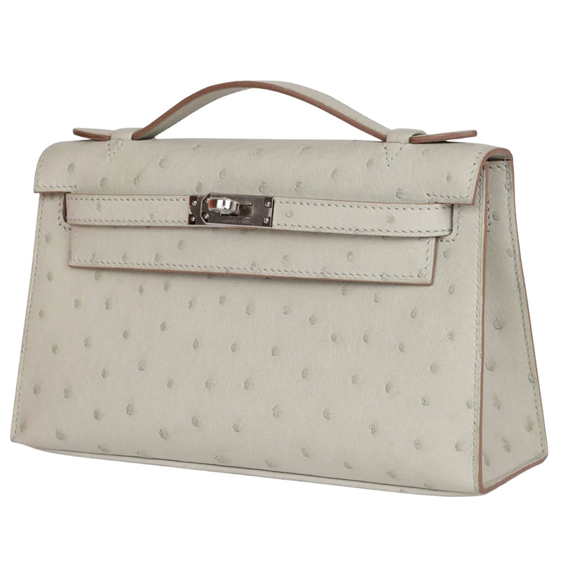 Hermes Kelly Pochette Gris Perle Ostrich With Palladium Hardware Handbag