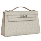 Hermes Kelly Pochette Gris Perle Ostrich With Palladium Hardware Handbag