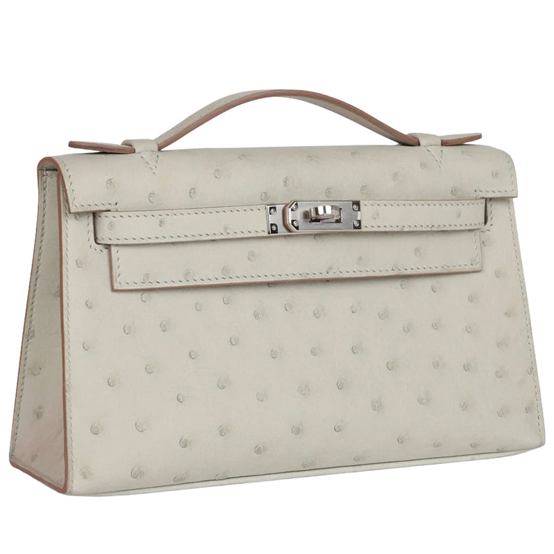 Hermes Kelly Pochette Gris Perle Ostrich With Palladium Hardware Handbag
