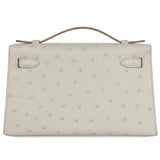 Hermes Kelly Pochette Gris Perle Ostrich With Palladium Hardware Handbag