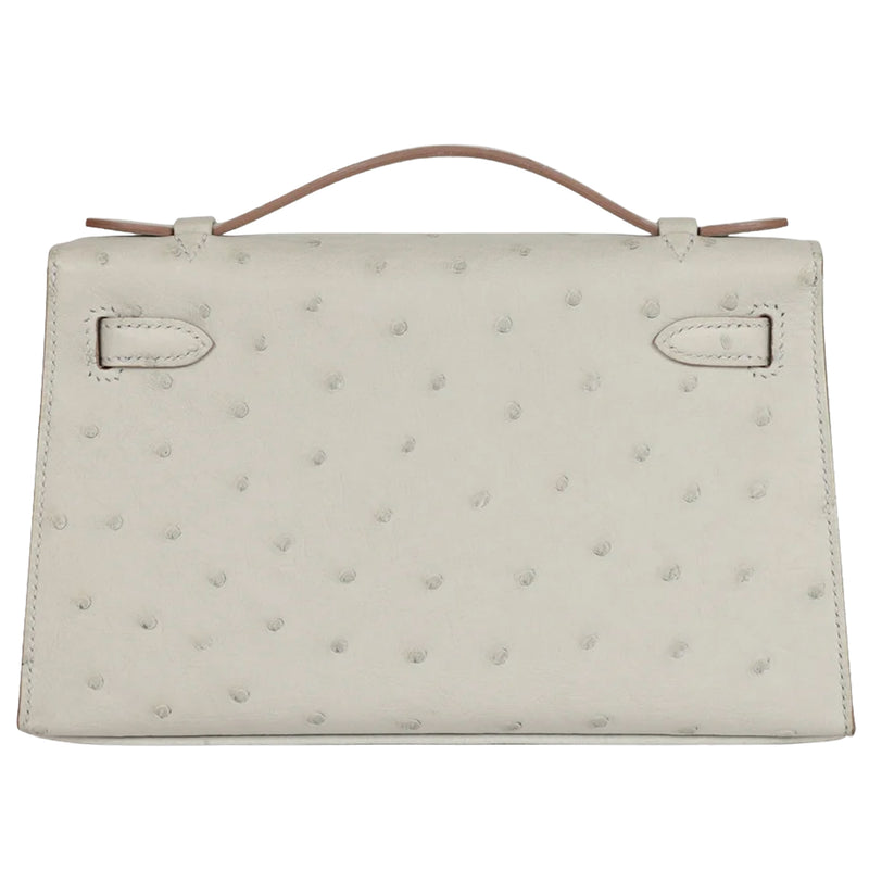 Hermes Kelly Pochette Gris Perle Ostrich With Palladium Hardware Handbag