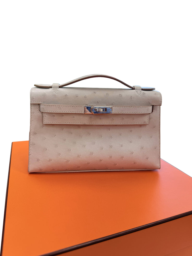 Hermes Kelly Pochette Gris Perle Ostrich With Palladium Hardware Handbag