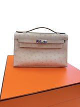 Hermes Kelly Pochette Gris Perle Ostrich With Palladium Hardware Handbag