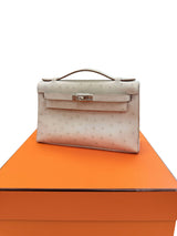 Hermes Kelly Pochette Gris Perle Ostrich With Palladium Hardware Handbag