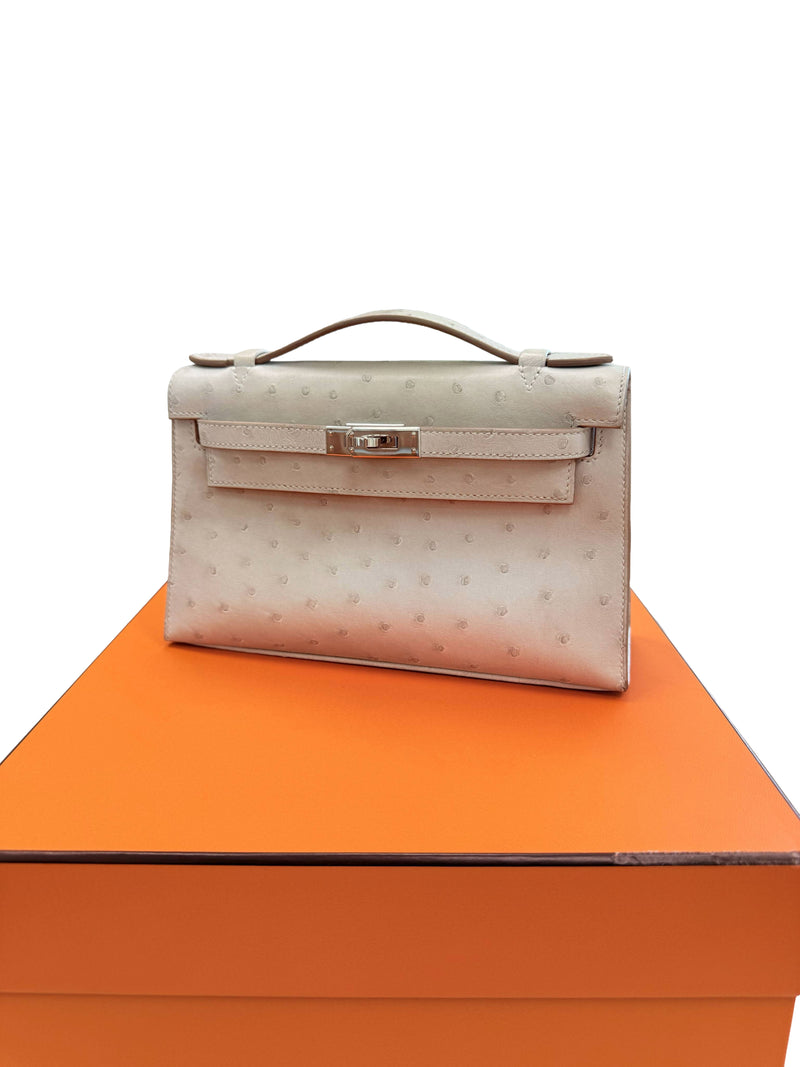 Hermes Kelly Pochette Gris Perle Ostrich With Palladium Hardware Handbag