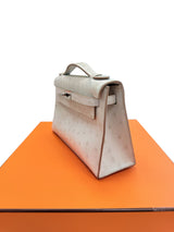 Hermes Kelly Pochette Gris Perle Ostrich With Palladium Hardware Handbag