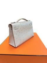 Hermes Kelly Pochette Gris Perle Ostrich With Palladium Hardware Handbag