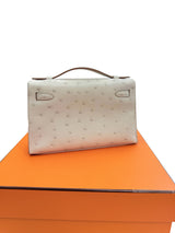 Hermes Kelly Pochette Gris Perle Ostrich With Palladium Hardware Handbag