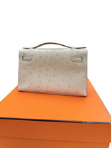 Hermes Kelly Pochette Gris Perle Ostrich With Palladium Hardware Handbag