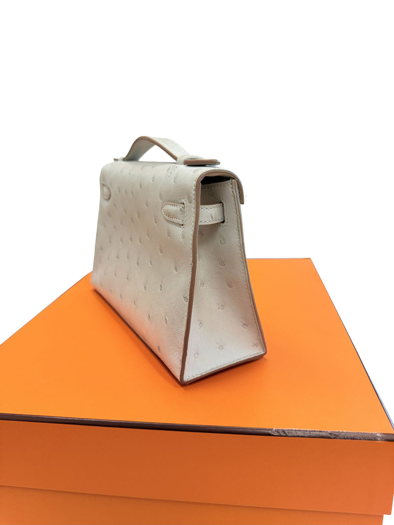 Hermes Kelly Pochette Gris Perle Ostrich With Palladium Hardware Handbag