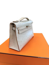 Hermes Kelly Pochette Gris Perle Ostrich With Palladium Hardware Handbag
