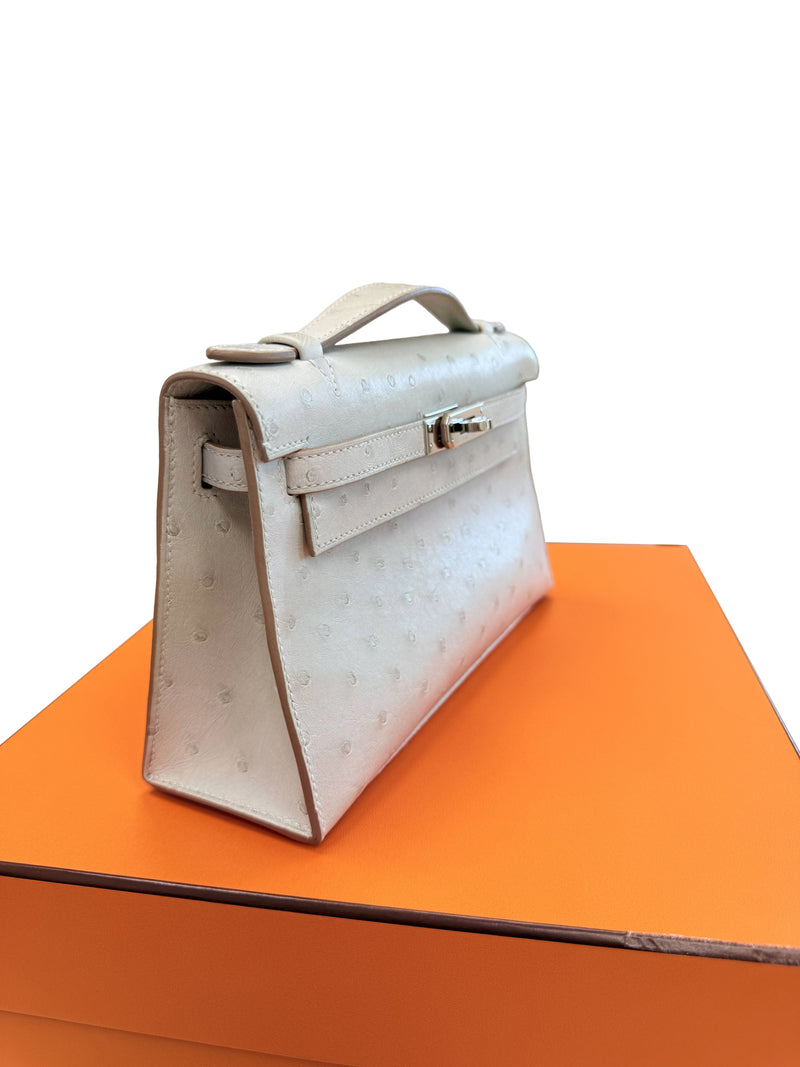 Hermes Kelly Pochette Gris Perle Ostrich With Palladium Hardware Handbag