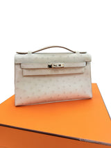 Hermes Kelly Pochette Gris Perle Ostrich With Palladium Hardware Handbag