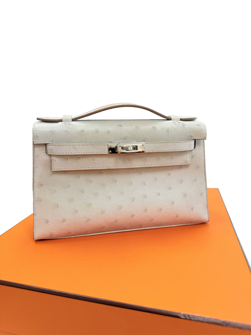 Hermes Kelly Pochette Gris Perle Ostrich With Palladium Hardware Handbag